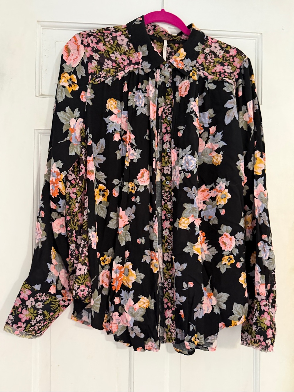 Floral Free People Button-Down Blouse in Black with Pink & Yellow Flowers